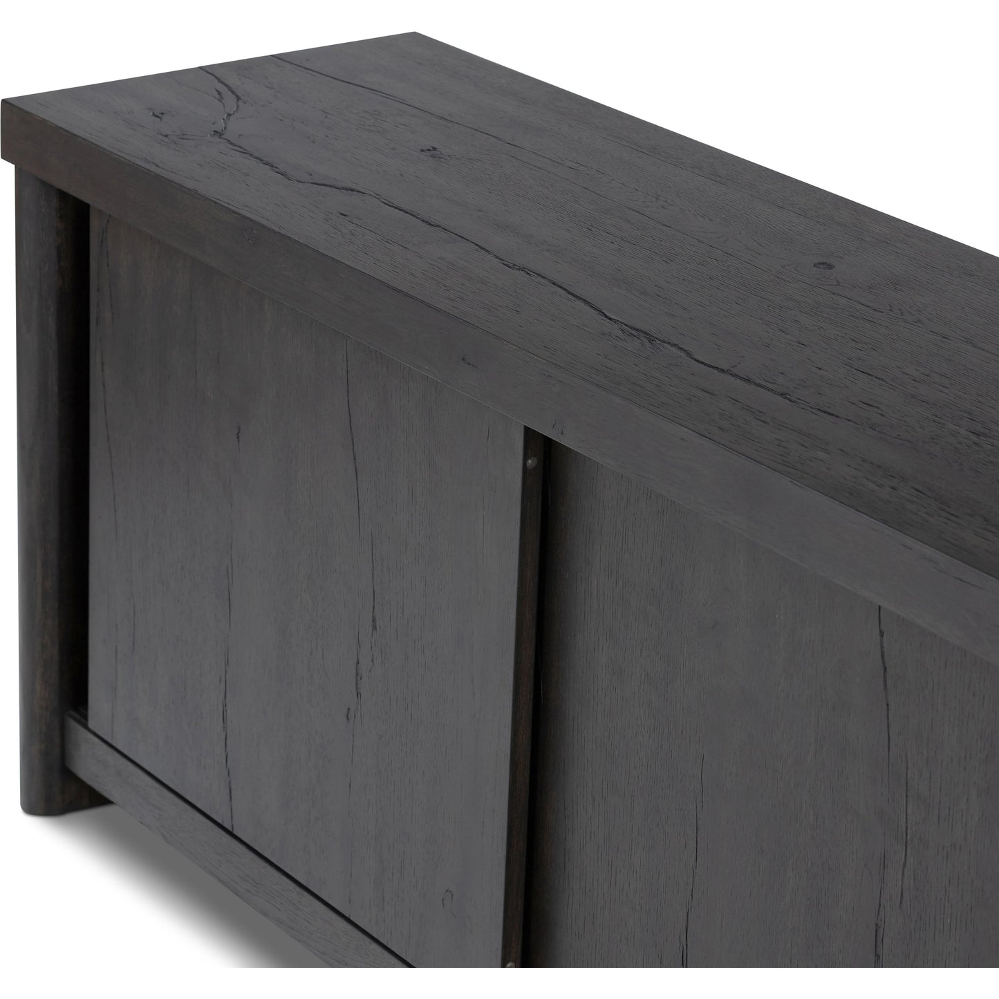 011 SI-2074416 | Closeup | Laredo Media Console by Four Hands in smoked black. Made from solid oak, thick oak veneer in a modern style.