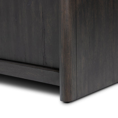 Laredo Media Console by Four Hands in smoked black. Made from solid oak, thick oak veneer in a modern style.