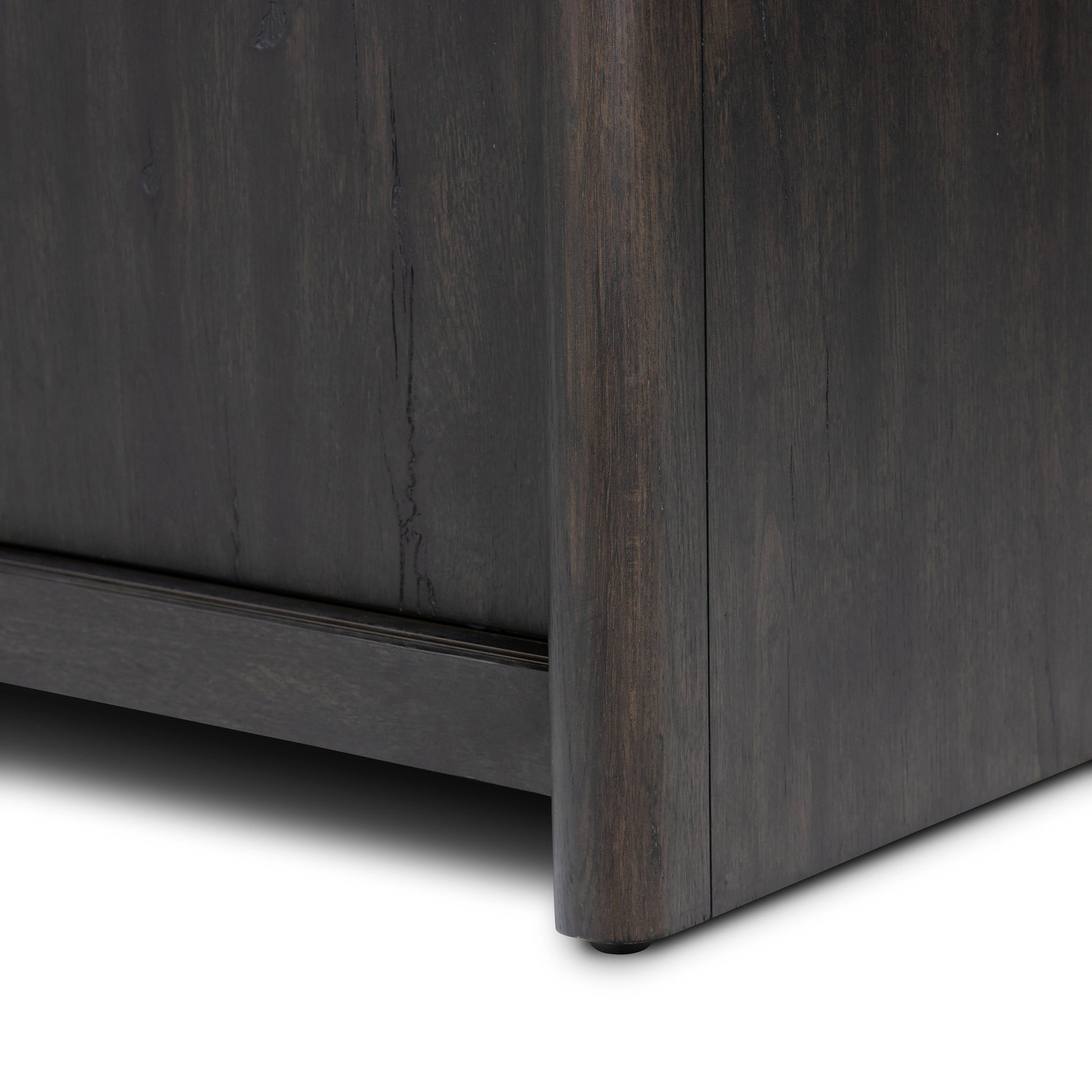 Laredo Media Console by Four Hands in smoked black. Made from solid oak, thick oak veneer in a modern style.