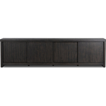 Laredo Media Console by Four Hands in smoked black. Made from solid oak, thick oak veneer in a modern style.