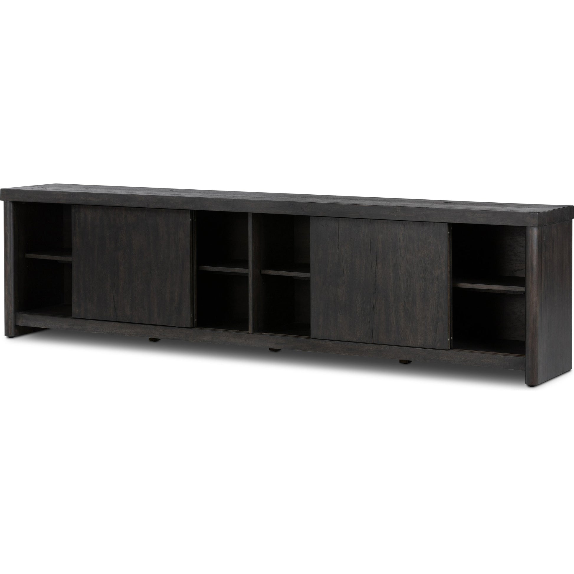 Laredo Media Console by Four Hands in smoked black. Made from solid oak, thick oak veneer in a modern style.