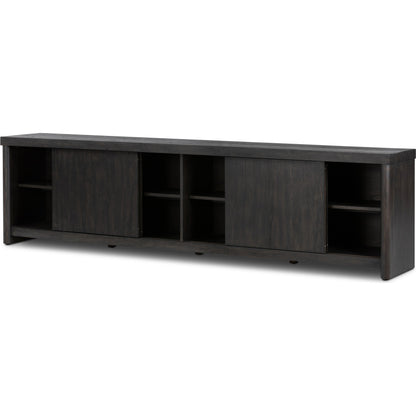 Laredo Media Console by Four Hands in smoked black. Made from solid oak, thick oak veneer in a modern style.