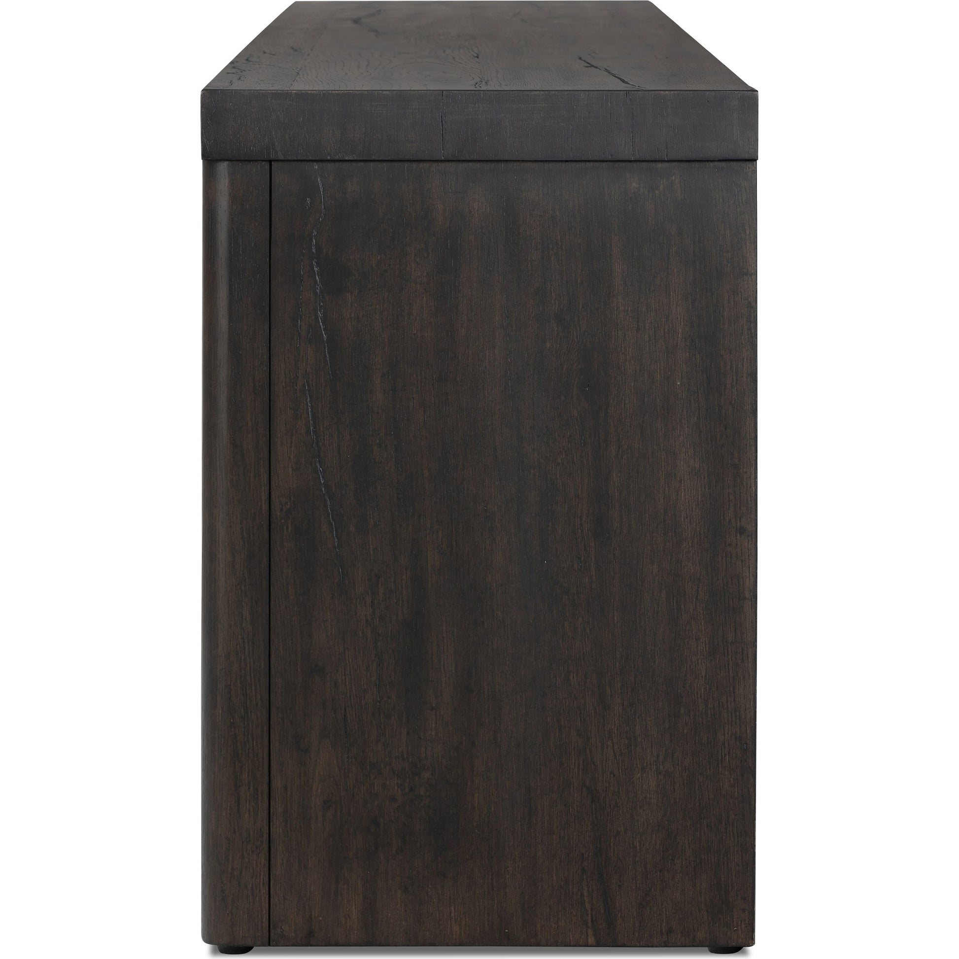 Laredo Media Console by Four Hands in smoked black. Made from solid oak, thick oak veneer in a modern style.