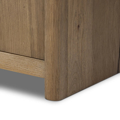 Laredo Media Console by Four Hands in smoked black. Made from solid oak, thick oak veneer in a modern style.