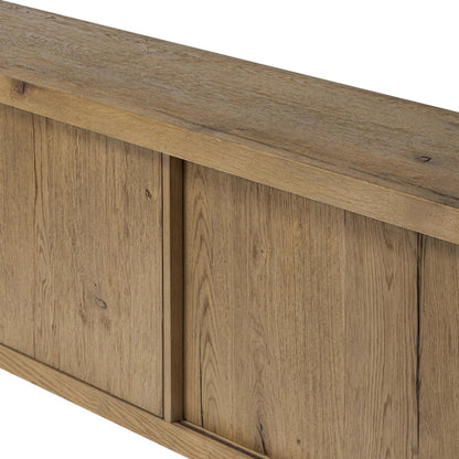 Laredo Media Console by Four Hands in smoked black. Made from solid oak, thick oak veneer in a modern style.