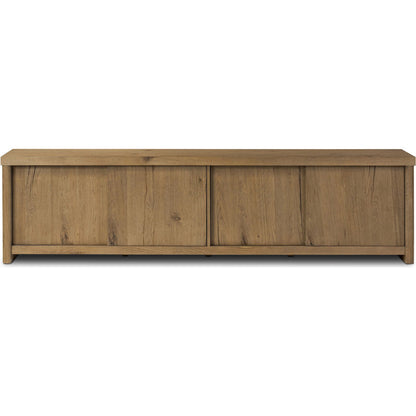 Laredo Media Console by Four Hands in smoked black. Made from solid oak, thick oak veneer in a modern style.
