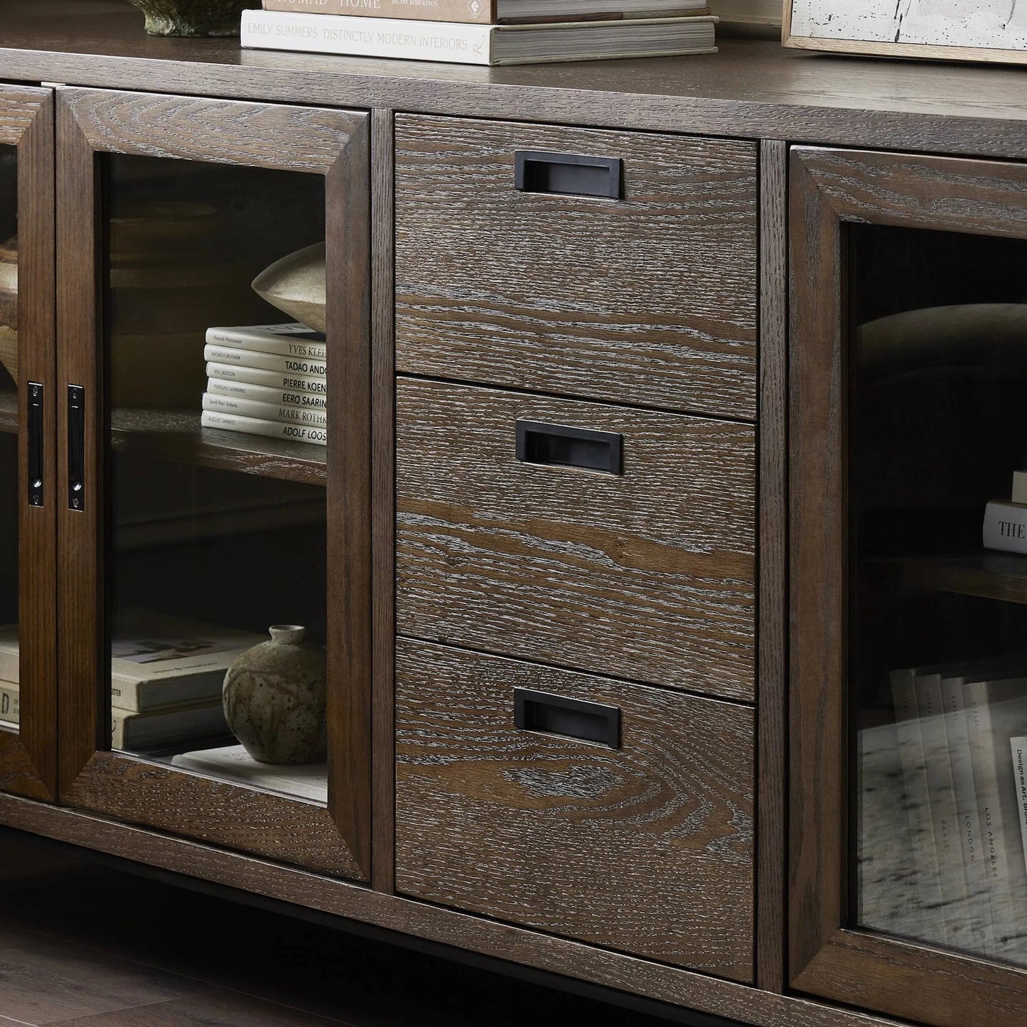 010 SI-2635322 | Closeup | Lancaster Sideboard by Four Hands in drifted oak, drifted oak veneer, black iron. Made from solid oak, oak veneer, iron in a unique style.