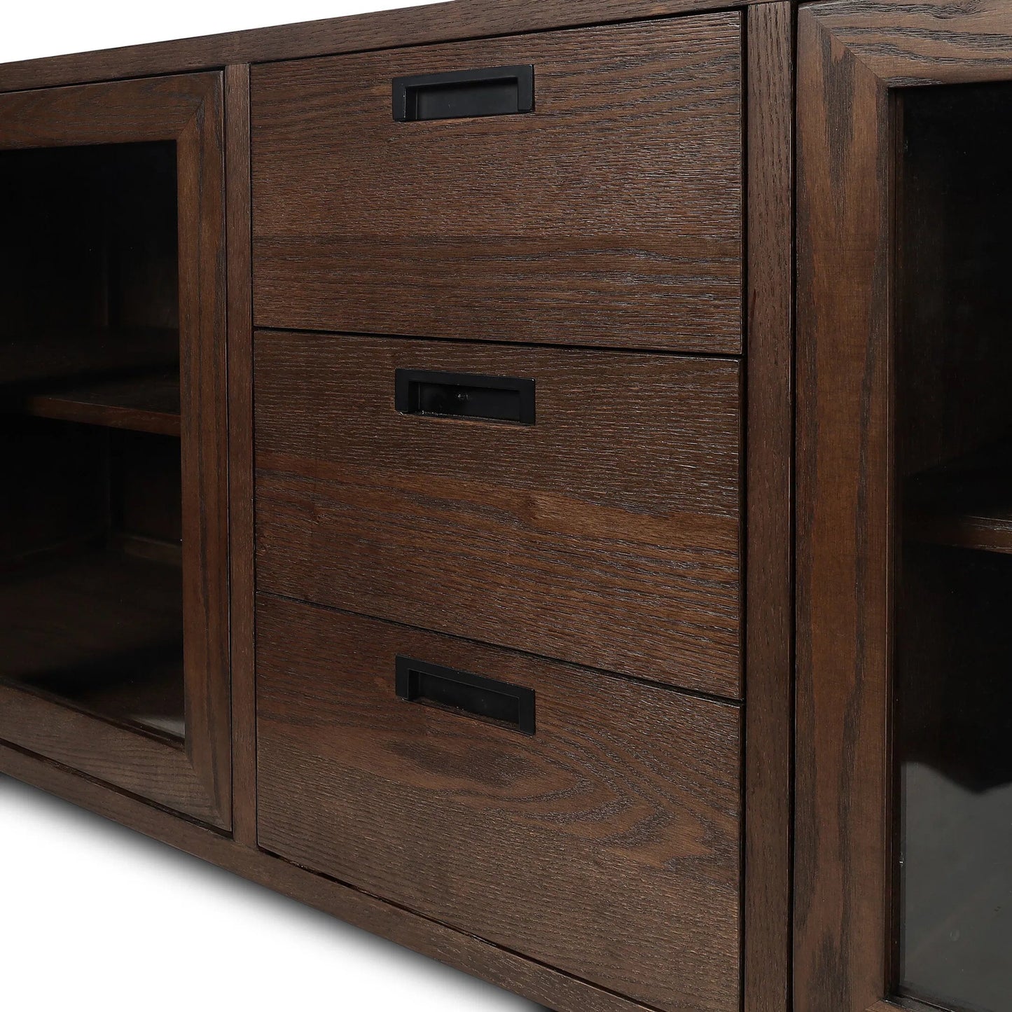 003 SI-2635322 | Closeup | Lancaster Sideboard by Four Hands in drifted oak, drifted oak veneer, black iron. Made from solid oak, oak veneer, iron in a unique style.
