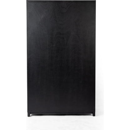 Millie Panel & Glass Door Cabinet by Four Hands in drifted matte black. Made from solid oak, oak veneer in a modern style.