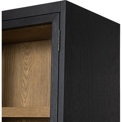 Millie Panel & Glass Door Cabinet by Four Hands in drifted matte black. Made from solid oak, oak veneer in a modern style.