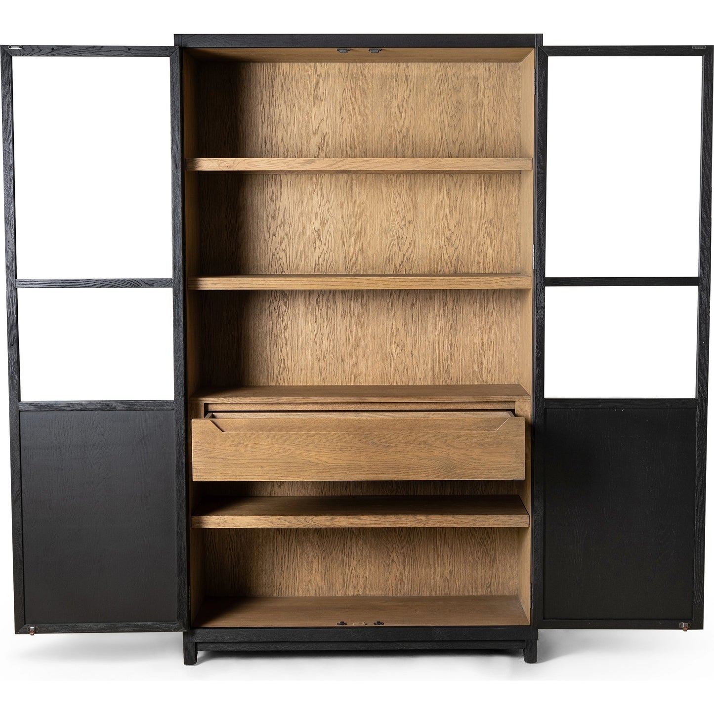 009 SI-2001643 | Additional Silo | Millie Panel & Glass Door Cabinet by Four Hands in drifted matte black. Made from solid oak, oak veneer in a modern style.