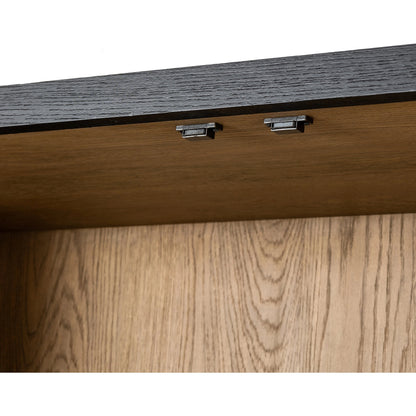 Millie Panel & Glass Door Cabinet by Four Hands in drifted matte black. Made from solid oak, oak veneer in a modern style.