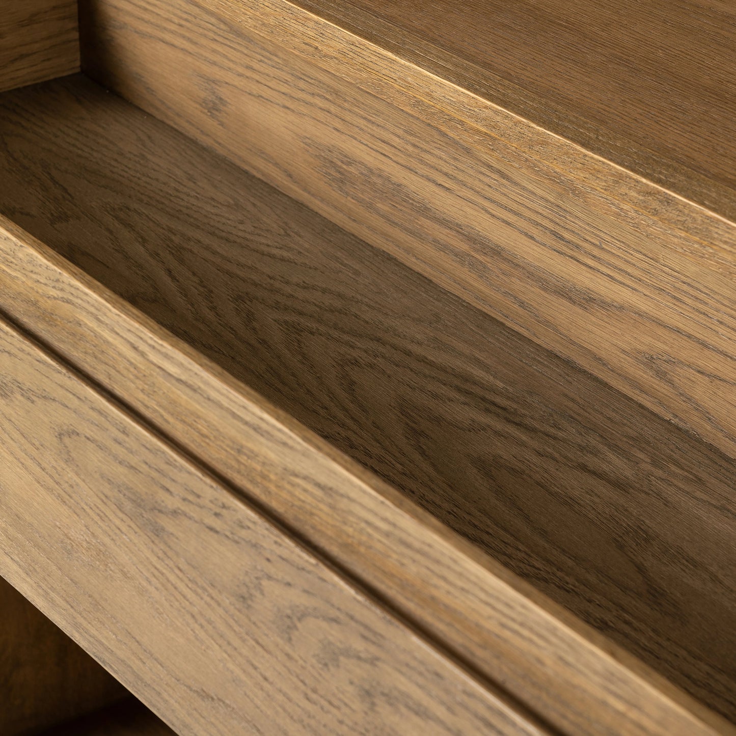 016 SI-2001643 | Closeup | Millie Panel & Glass Door Cabinet by Four Hands in drifted matte black. Made from solid oak, oak veneer in a modern style.