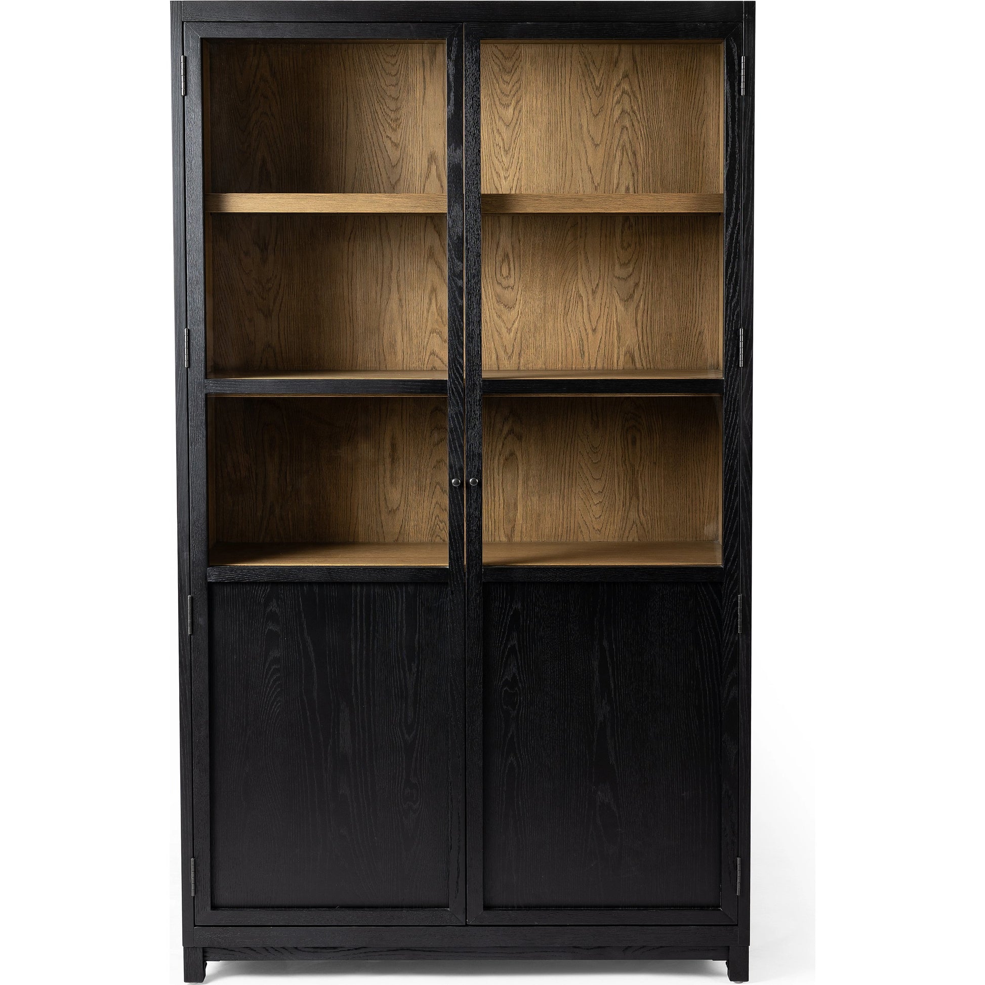Millie Panel & Glass Door Cabinet by Four Hands in drifted matte black. Made from solid oak, oak veneer in a modern style.