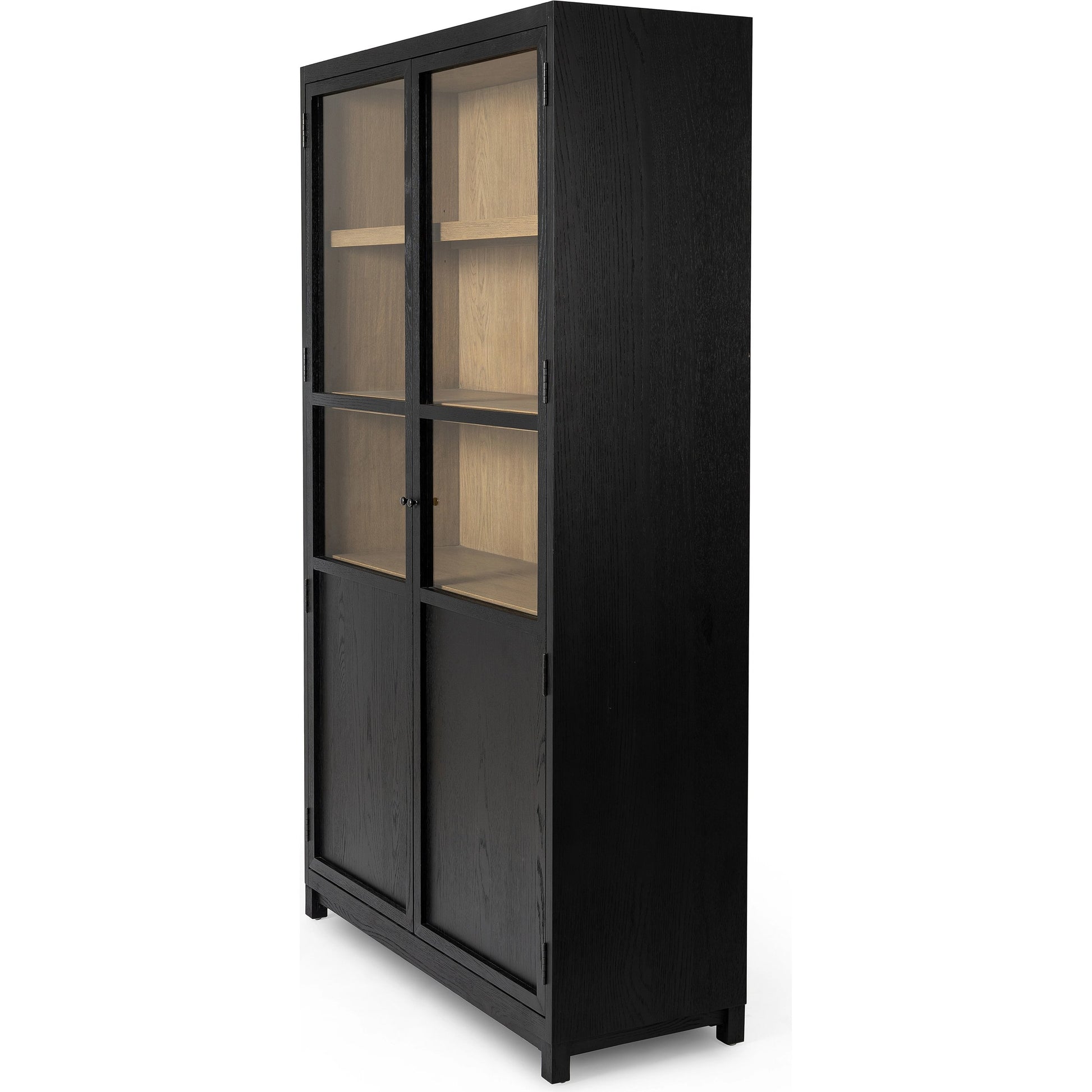 Millie Panel & Glass Door Cabinet by Four Hands in drifted matte black. Made from solid oak, oak veneer in a modern style.