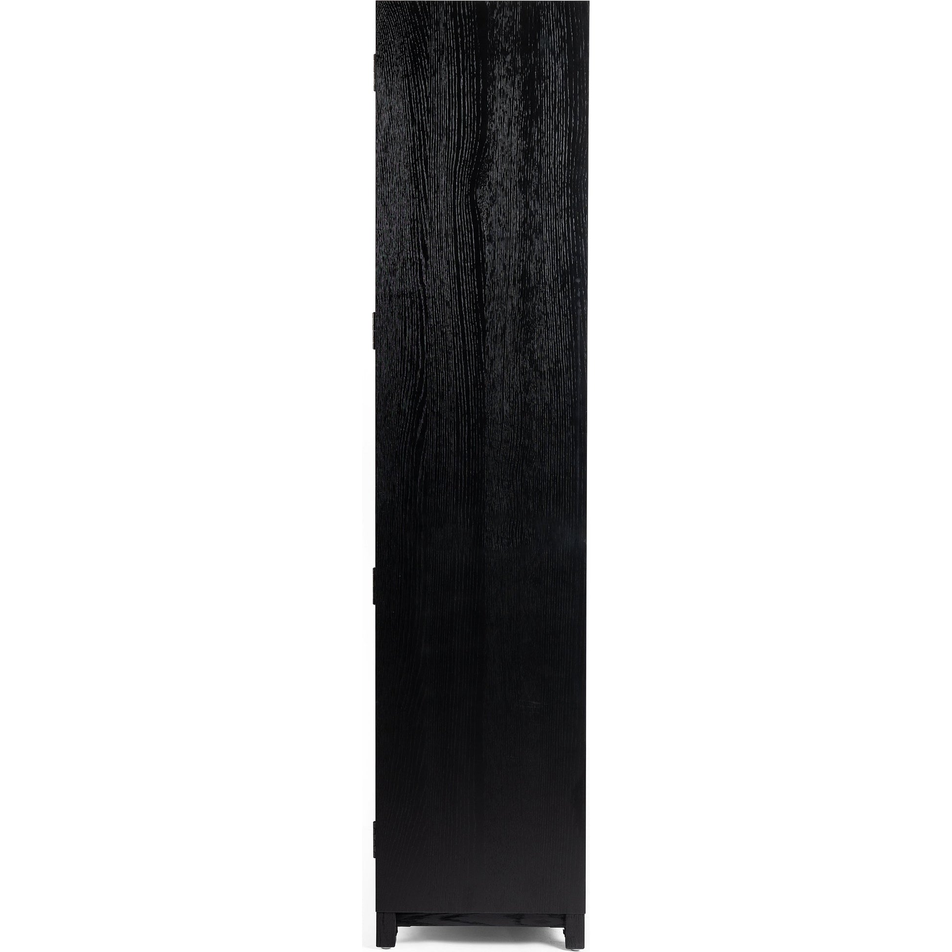Millie Panel & Glass Door Cabinet by Four Hands in drifted matte black. Made from solid oak, oak veneer in a modern style.
