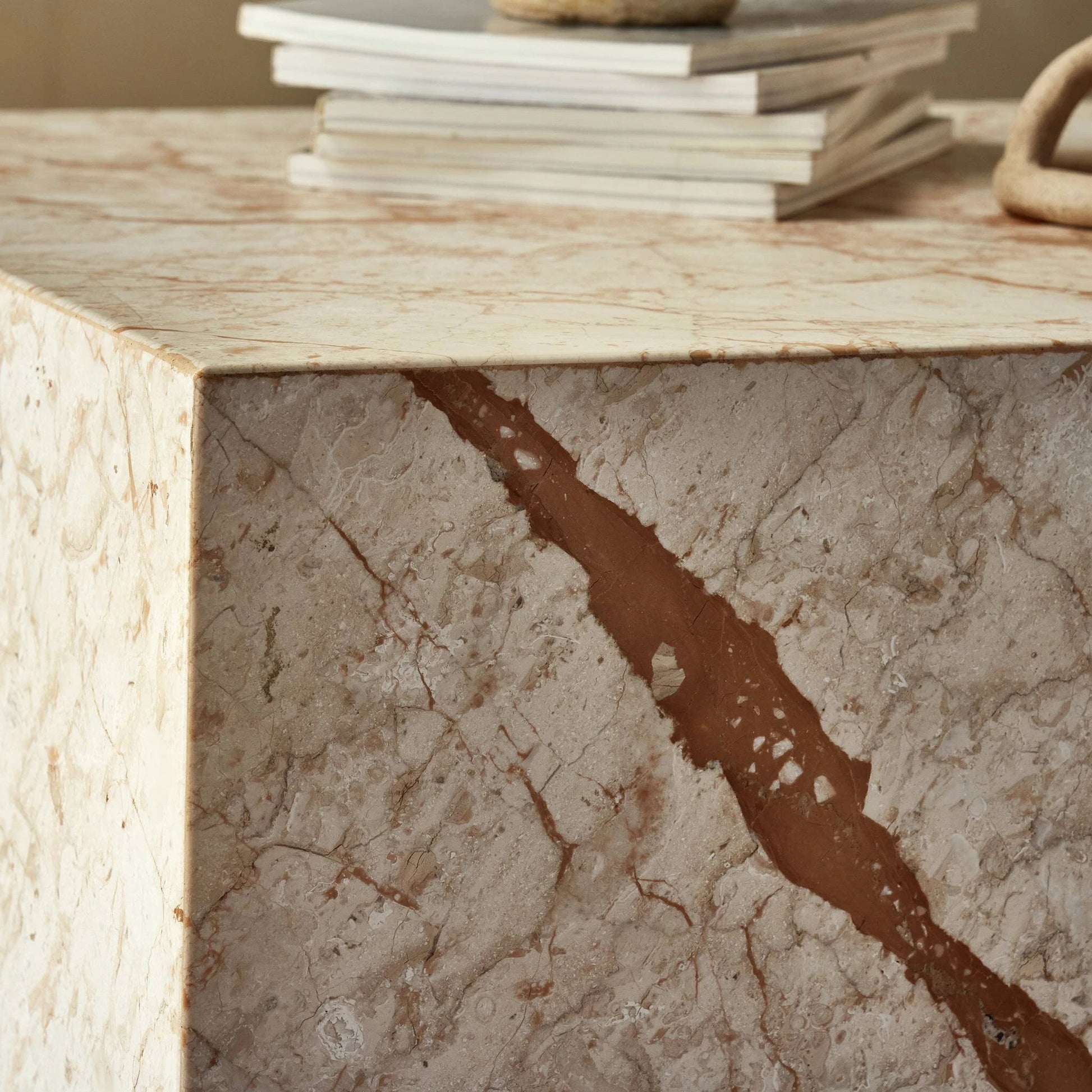 Modern Marble Plinth End Table by Four Hands in desert taupe marble. Made from solid marble, solid mango in a modern style.