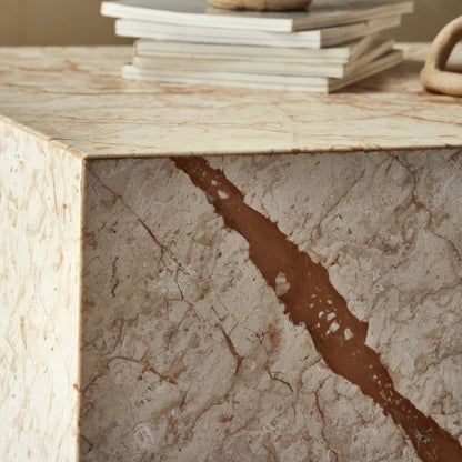Modern Marble Plinth End Table by Four Hands in desert taupe marble. Made from solid marble, solid mango in a modern style.