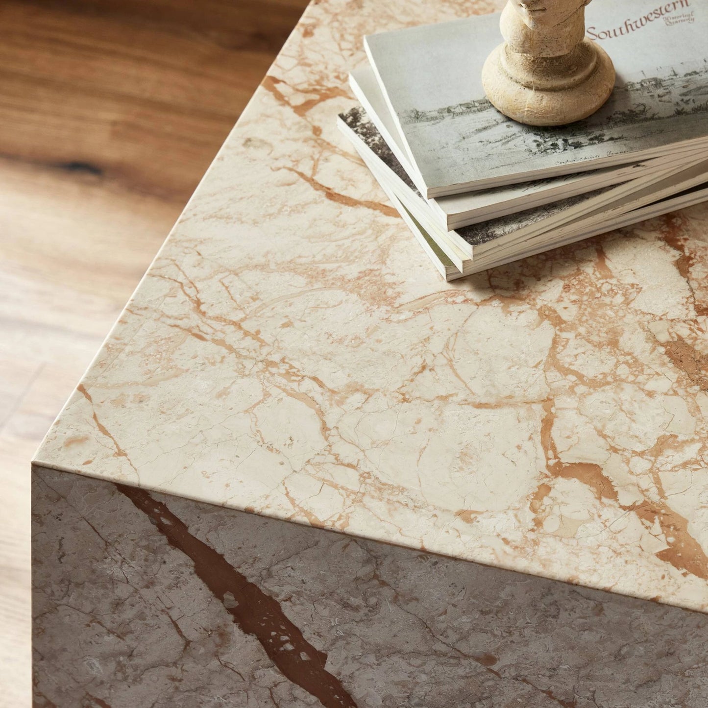 008 SI-2137523 | Closeup | Modern Marble Plinth End Table by Four Hands in desert taupe marble. Made from solid marble, solid mango in a modern style.