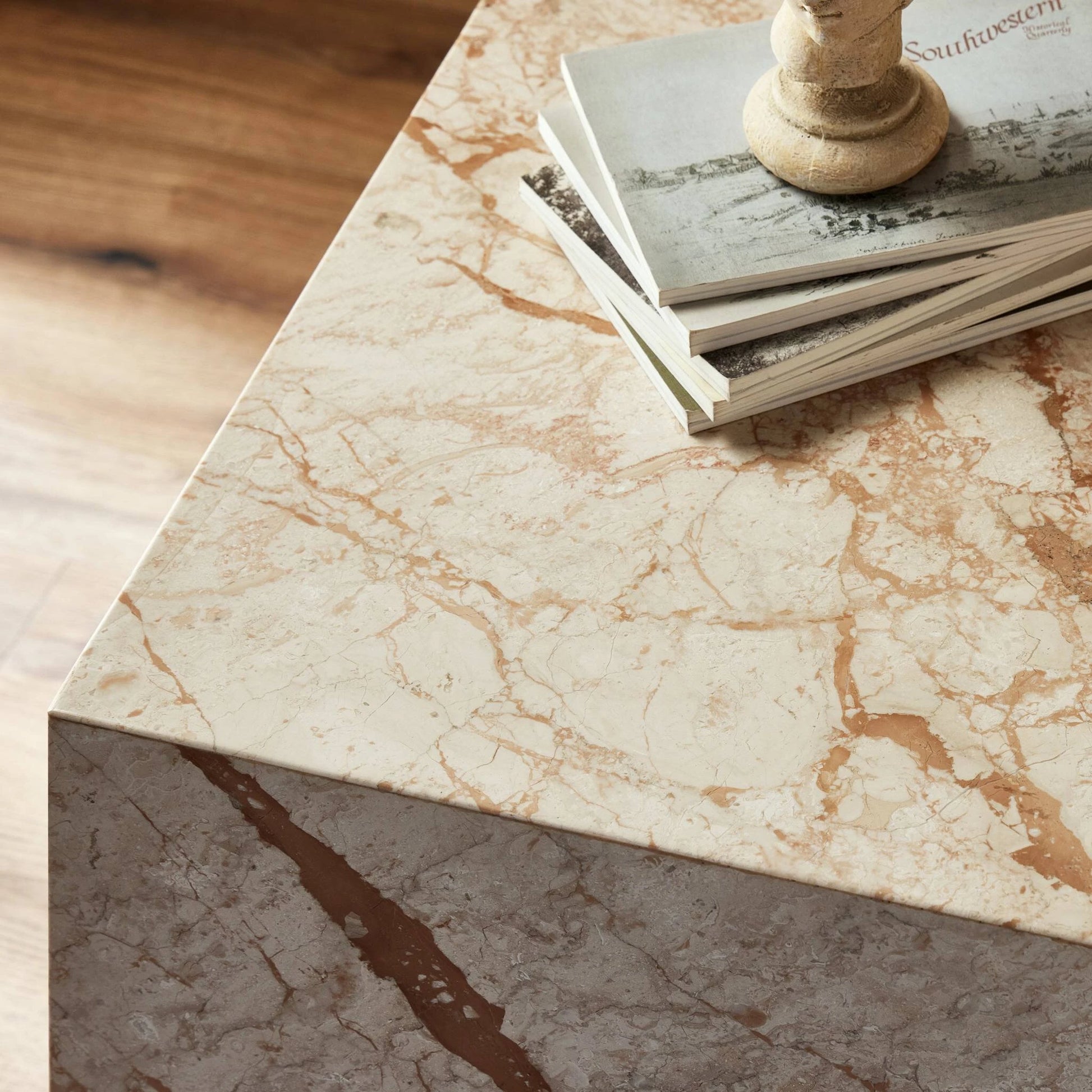 Modern Marble Plinth End Table by Four Hands in desert taupe marble. Made from solid marble, solid mango in a modern style.