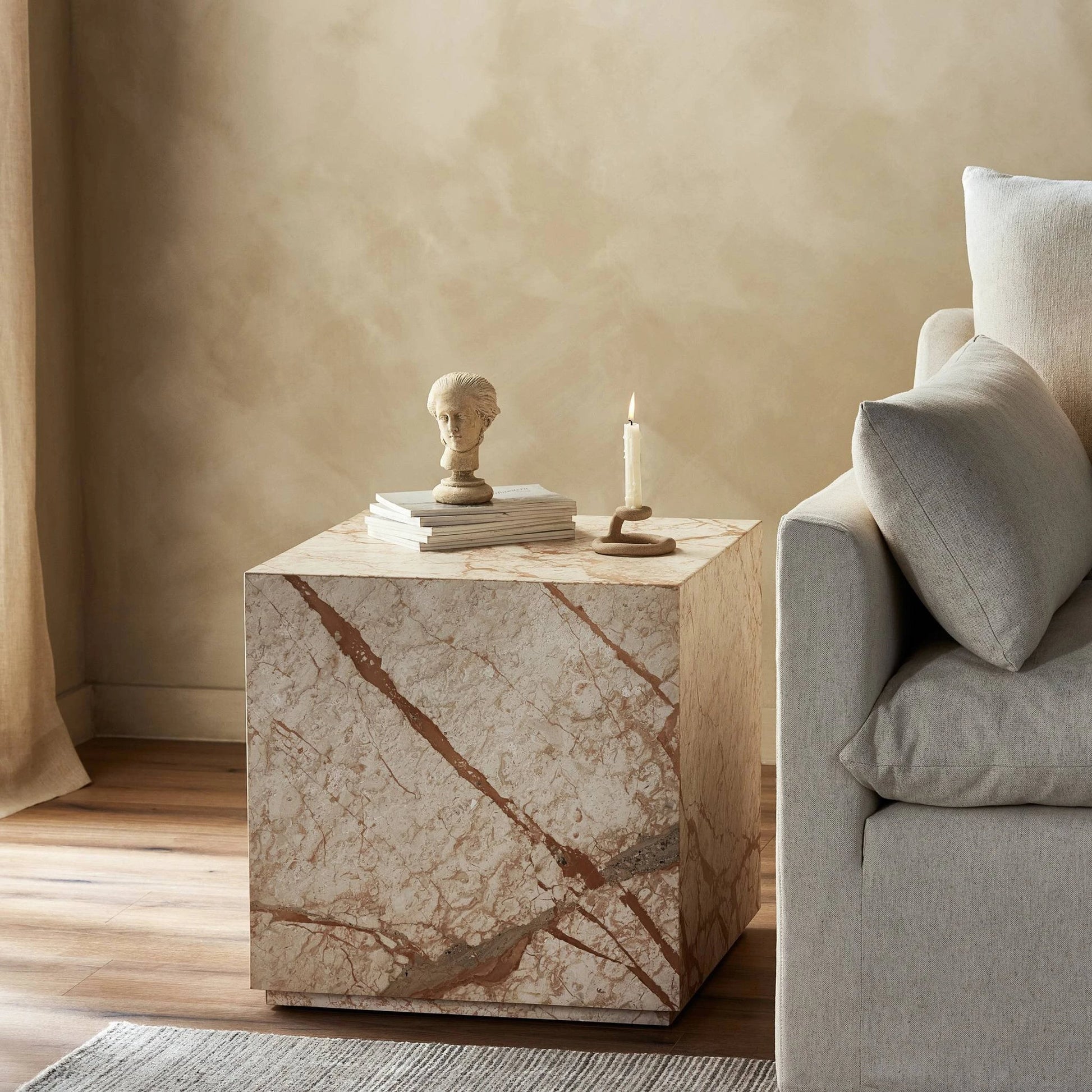 Modern Marble Plinth End Table by Four Hands in desert taupe marble. Made from solid marble, solid mango in a modern style.