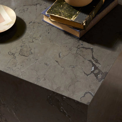 Modern Marble Plinth End Table by Four Hands in desert taupe marble. Made from unique in a modern style.