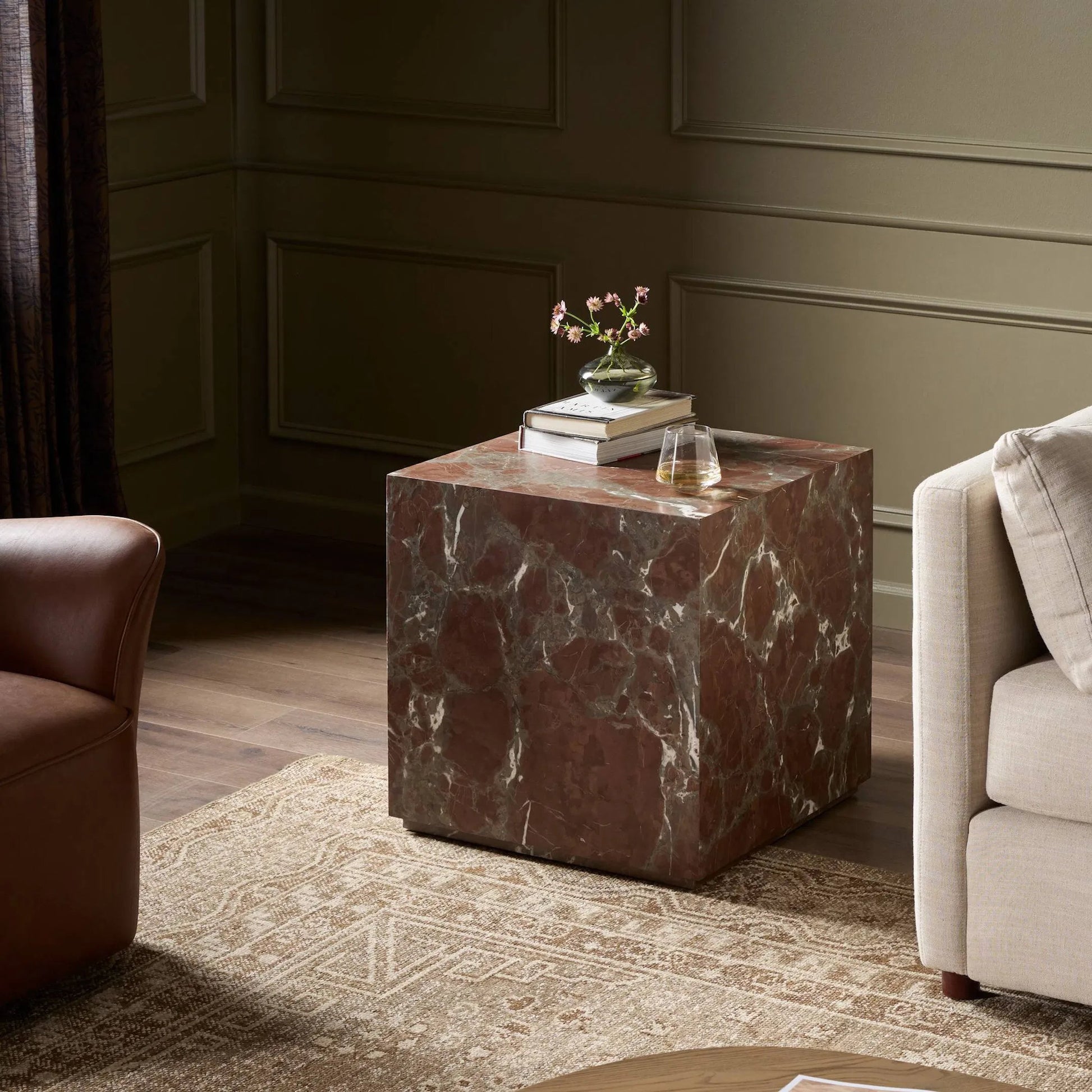 Modern Marble Plinth End Table by Four Hands in desert taupe marble. Made from unique in a modern style.