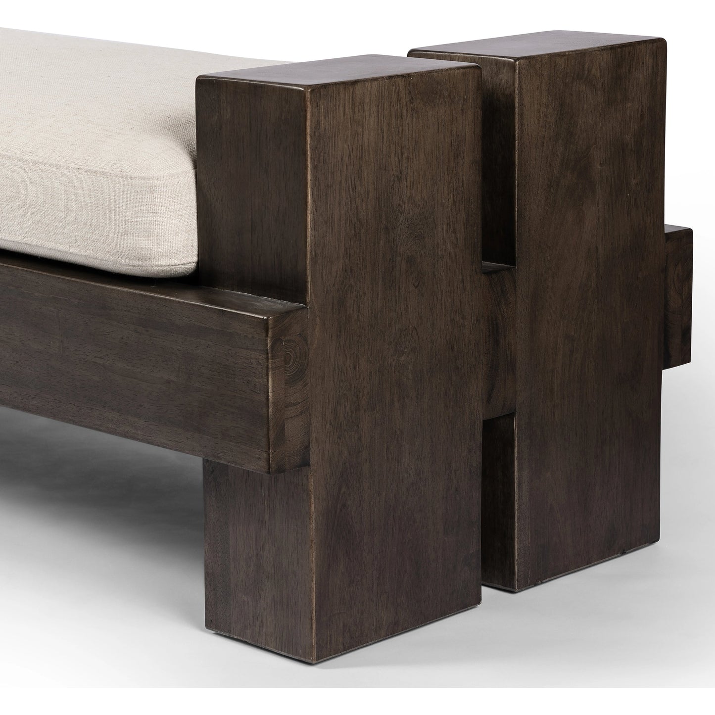 007 SI-2001455 | Closeup | Heavy Wood Accent Bench by Four Hands in alcala cream, sienna brown. Made from 70% polyester, 20% viscose (rayon), 10% flax, linen, solid parawood, 100% polyester in a modern style.