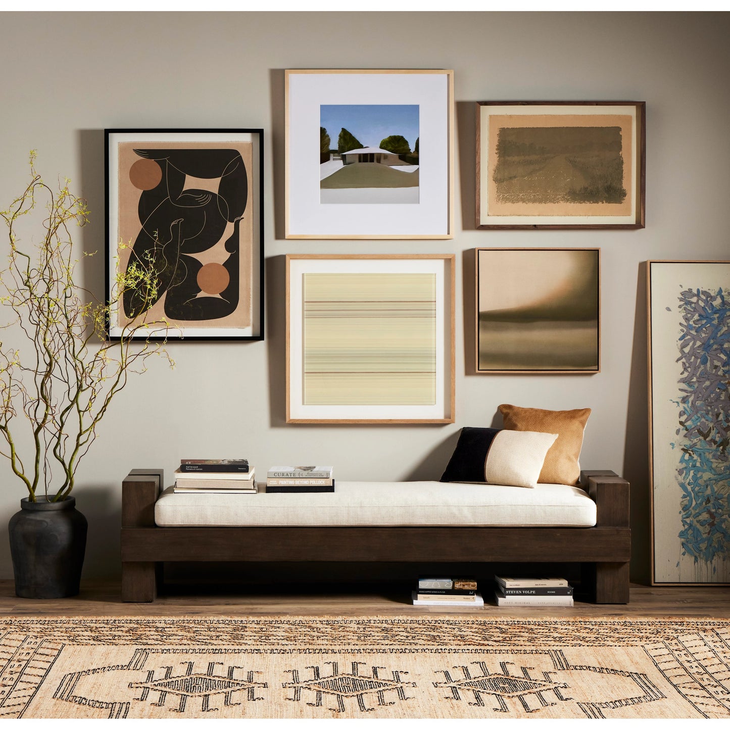 004 SI-2001455 | Lifestyle | Heavy Wood Accent Bench by Four Hands in alcala cream, sienna brown. Made from 70% polyester, 20% viscose (rayon), 10% flax, linen, solid parawood, 100% polyester in a modern style.