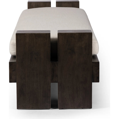 Heavy Wood Accent Bench by Four Hands in alcala cream, sienna brown. Made from 70% polyester, 20% viscose (rayon), 10% flax, linen, solid parawood, 100% polyester in a modern style.