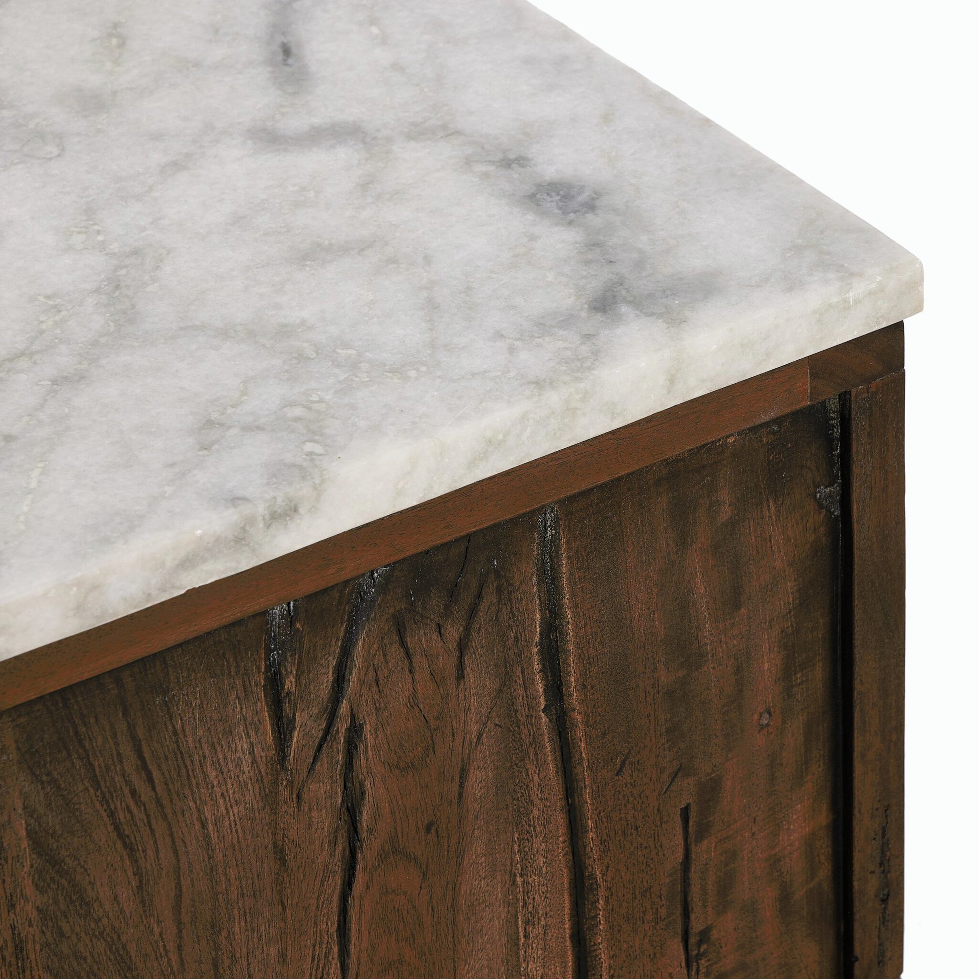 Odette Nightstand by Four Hands in white statuario marble, antique belgium bleach, antique brass. Made from solid marble, solid mixed reclaimed wood, brass in a modern style.