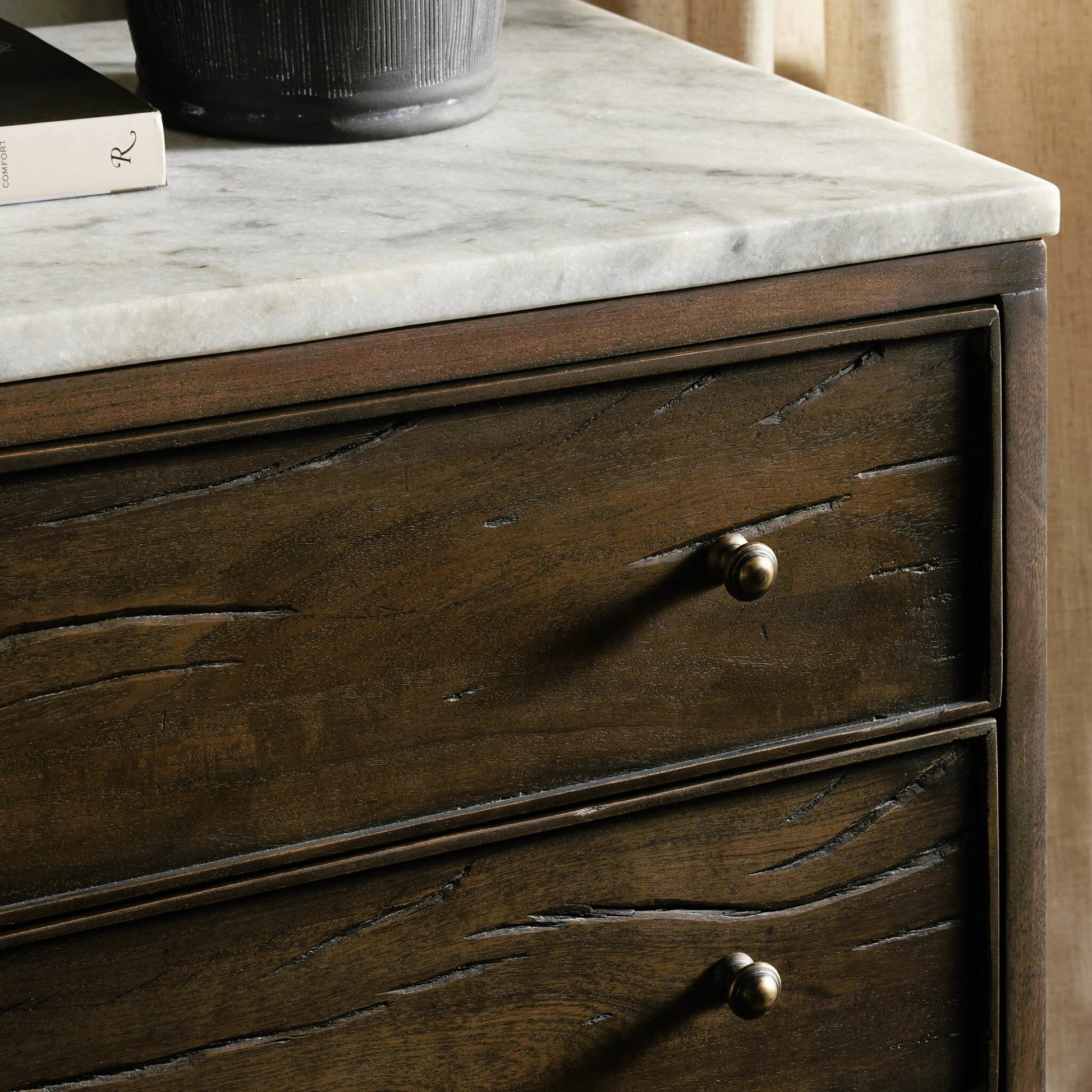 Odette Nightstand by Four Hands in white statuario marble, antique belgium bleach, antique brass. Made from solid marble, solid mixed reclaimed wood, brass in a modern style.
