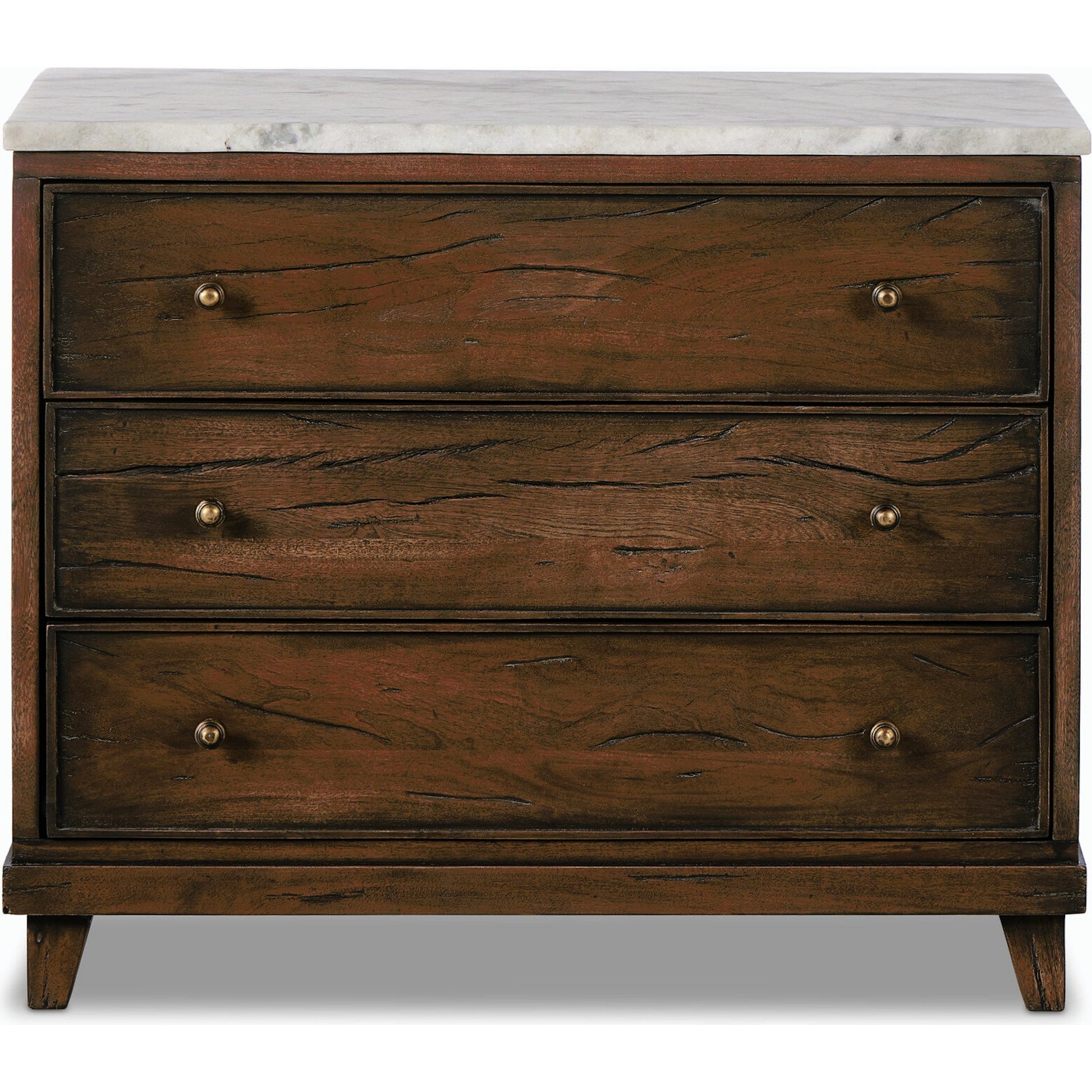 Odette Nightstand by Four Hands in white statuario marble, antique belgium bleach, antique brass. Made from solid marble, solid mixed reclaimed wood, brass in a modern style.