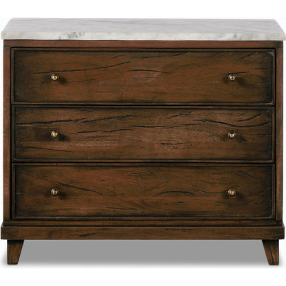 Odette Nightstand by Four Hands in white statuario marble, antique belgium bleach, antique brass. Made from solid marble, solid mixed reclaimed wood, brass in a modern style.