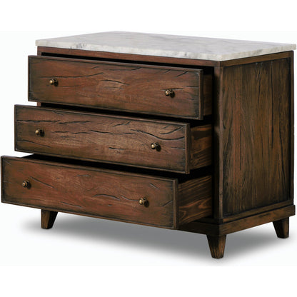Odette Nightstand by Four Hands in white statuario marble, antique belgium bleach, antique brass. Made from solid marble, solid mixed reclaimed wood, brass in a modern style.