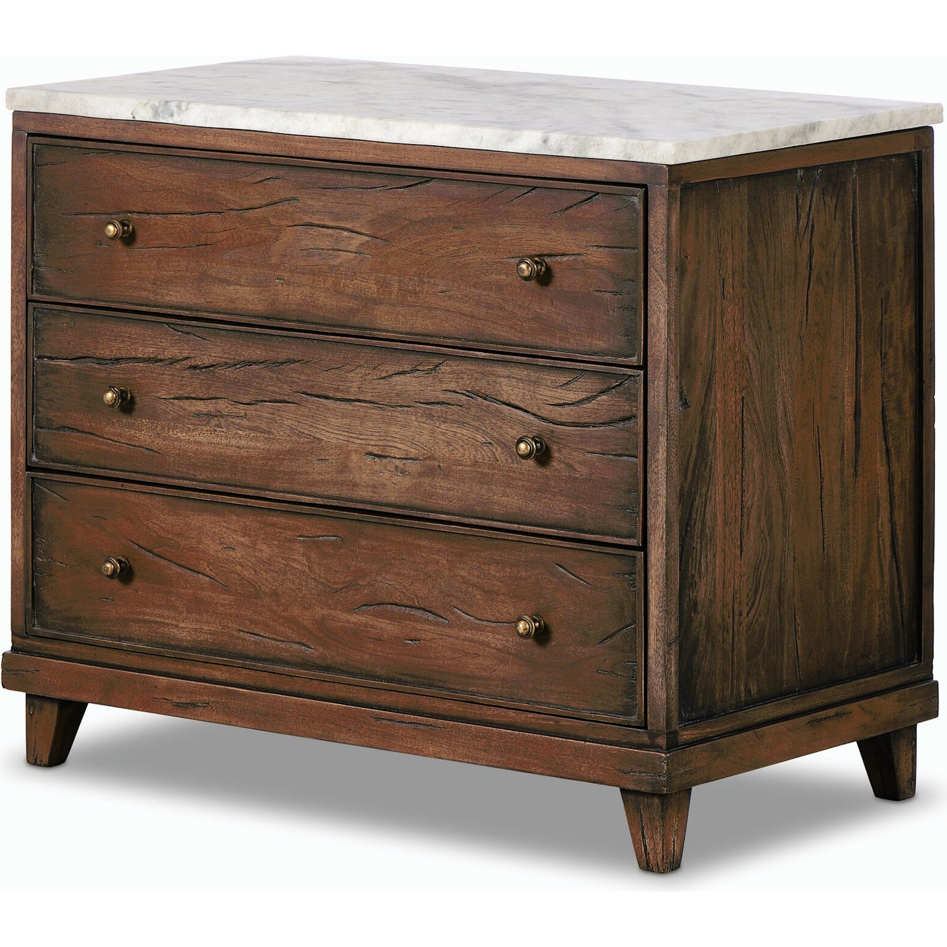 Odette Nightstand by Four Hands in white statuario marble, antique belgium bleach, antique brass. Made from solid marble, solid mixed reclaimed wood, brass in a modern style.