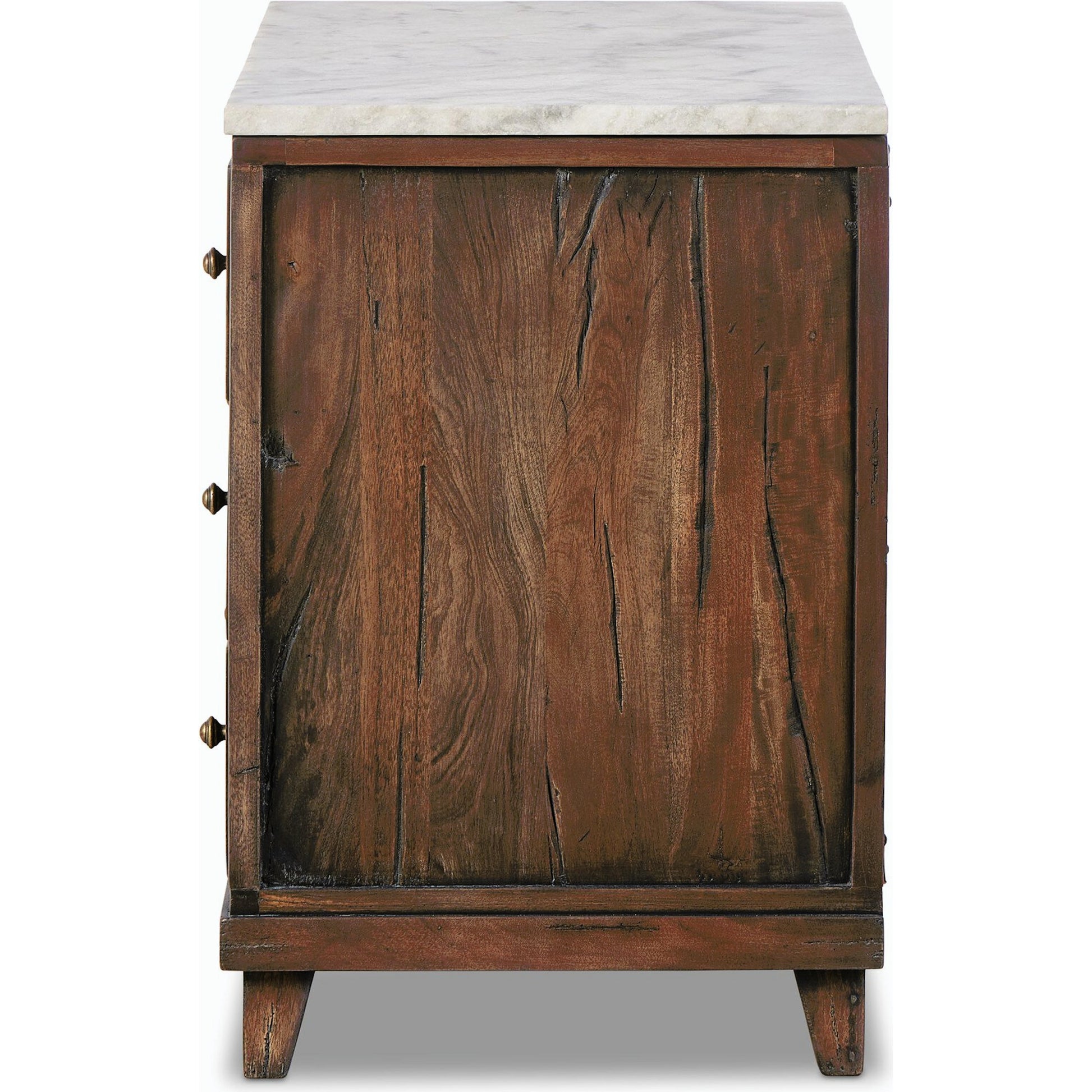 Odette Nightstand by Four Hands in white statuario marble, antique belgium bleach, antique brass. Made from solid marble, solid mixed reclaimed wood, brass in a modern style.