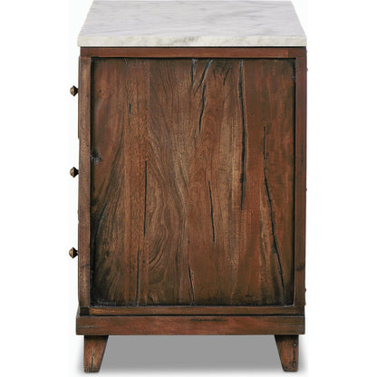 Odette Nightstand by Four Hands in white statuario marble, antique belgium bleach, antique brass. Made from solid marble, solid mixed reclaimed wood, brass in a modern style.