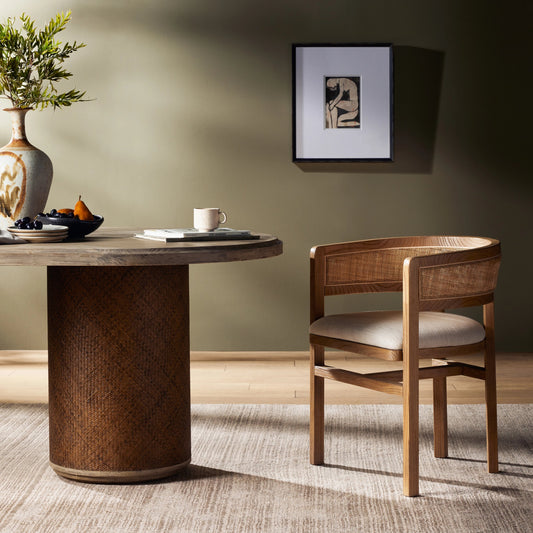 Cordoba Dining Armchair by Four Hands in bergamo parchment. Made from 75% cotton, 25% flax, linen, solid nettlewood, cane in a modern style.