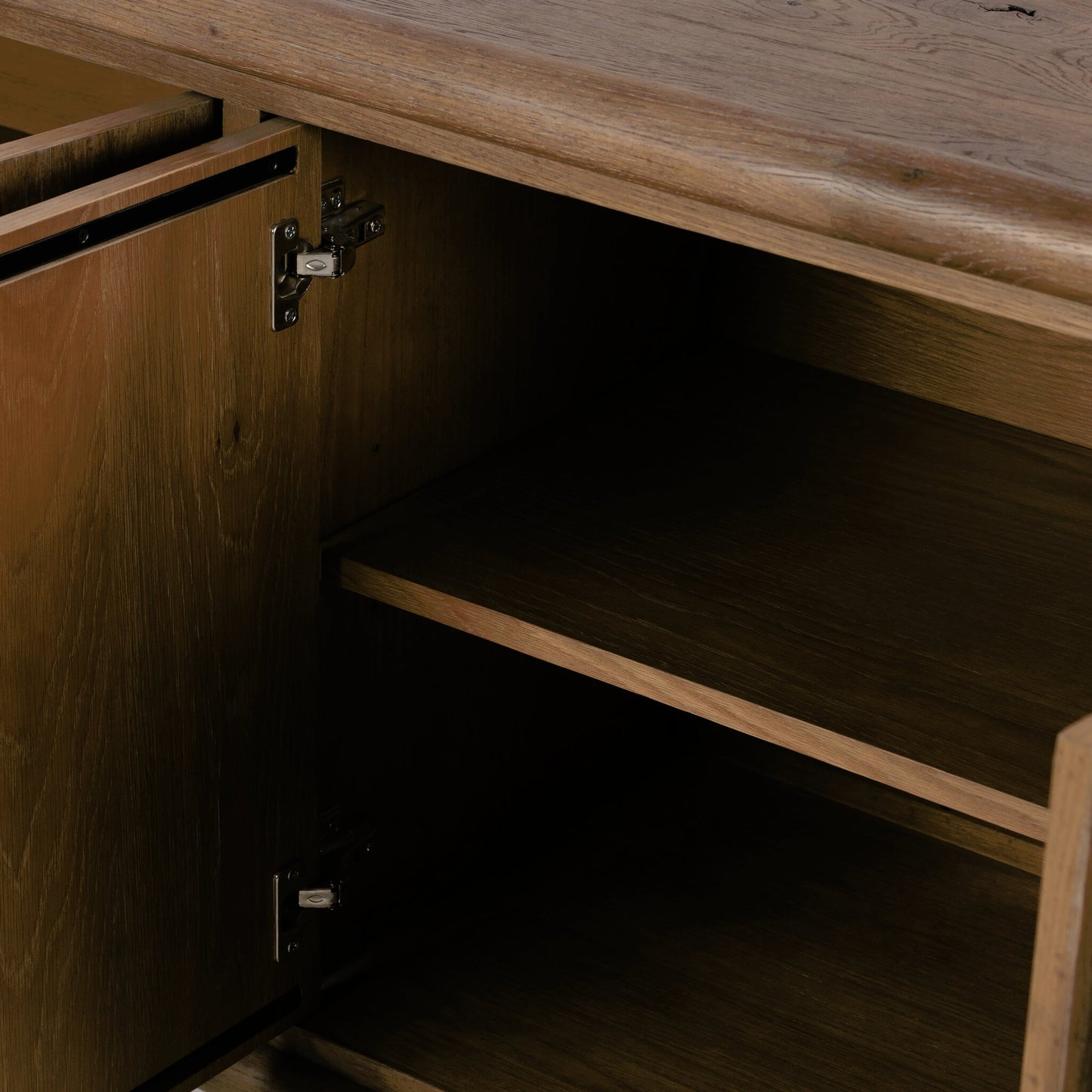 025 SI-2001369 | Closeup | Glenview 6 Door Sideboard by Four Hands in weathered oak veneer. Made from solid oak, thick oak veneer in a modern style.