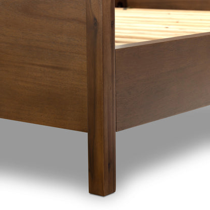 Sullivan Bed by Four Hands in harbor sand and saddle tan. Made from 60% polyester, 40% viscose (rayon), thin acacia veneer in a modern style.
