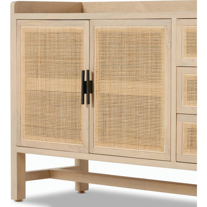 Caprice 96" Sideboard by Four Hands in natural mango. Made from solid mango, iron, cane in a modern style.