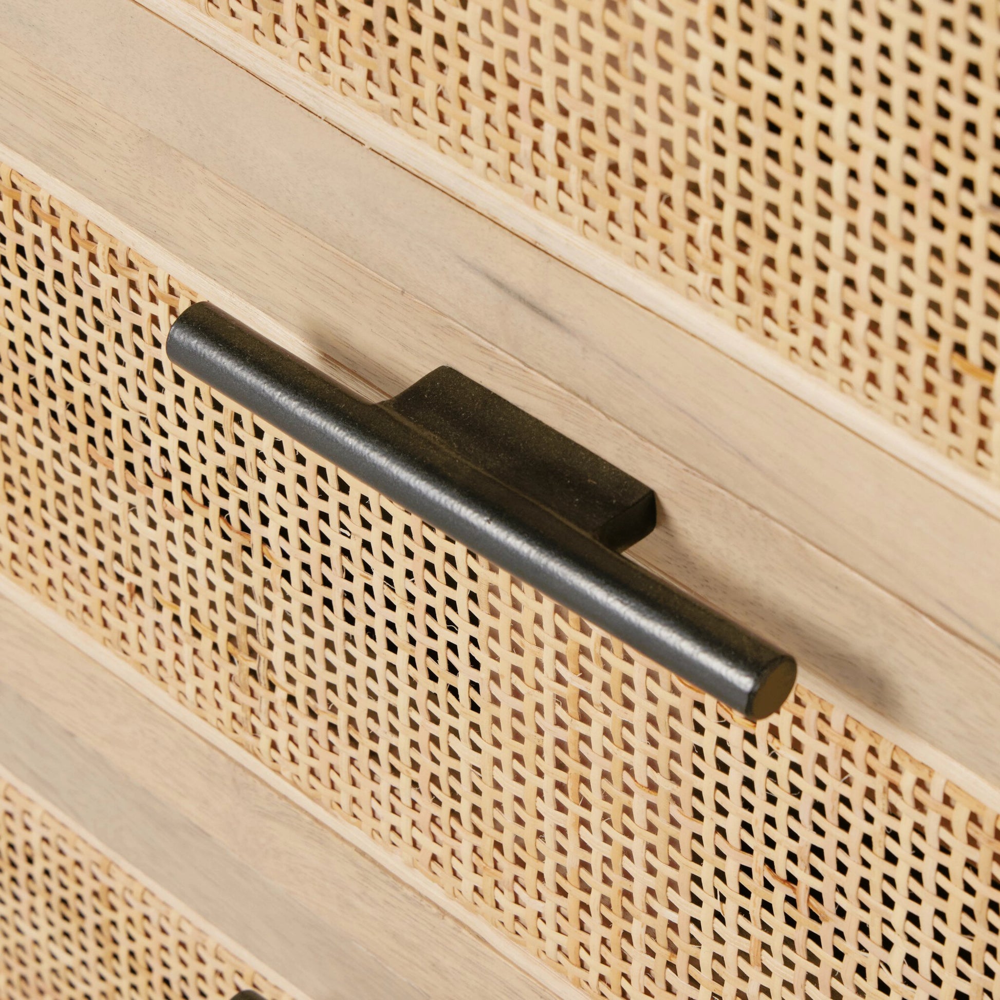 Caprice 96" Sideboard by Four Hands in natural mango. Made from solid mango, iron, cane in a modern style.