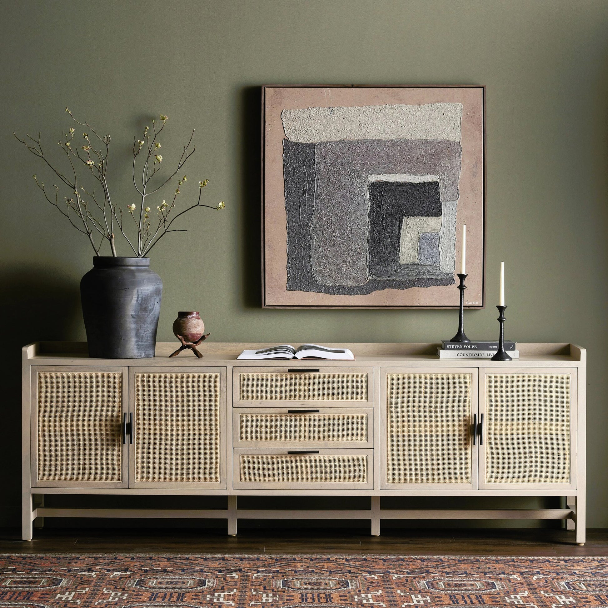 Caprice 96" Sideboard by Four Hands in natural mango. Made from solid mango, iron, cane in a modern style.