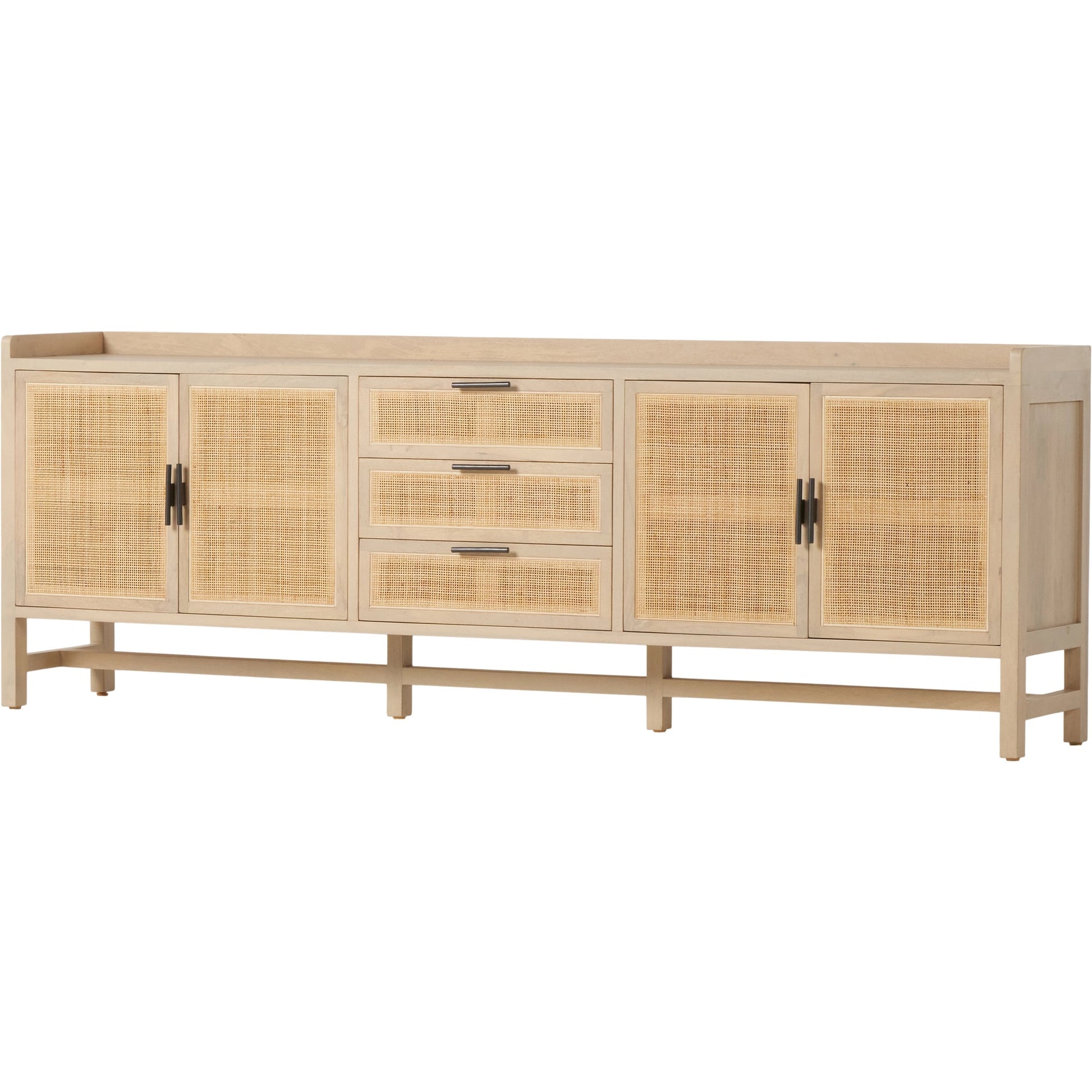 Caprice 96" Sideboard by Four Hands in natural mango. Made from solid mango, iron, cane in a modern style.