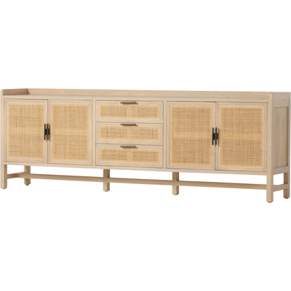 Caprice 96" Sideboard by Four Hands in natural mango. Made from solid mango, iron, cane in a modern style.