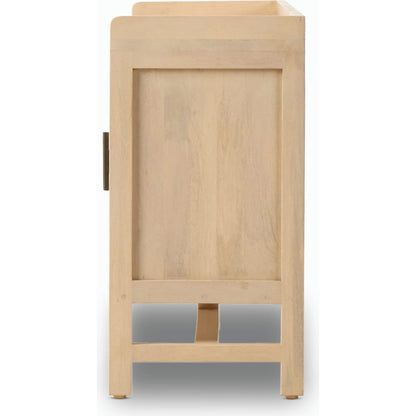 Caprice 96" Sideboard by Four Hands in natural mango. Made from solid mango, iron, cane in a modern style.