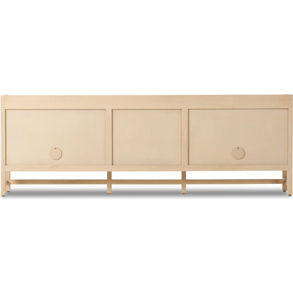 Caprice 96" Sideboard by Four Hands in natural mango. Made from solid mango, iron, cane in a modern style.