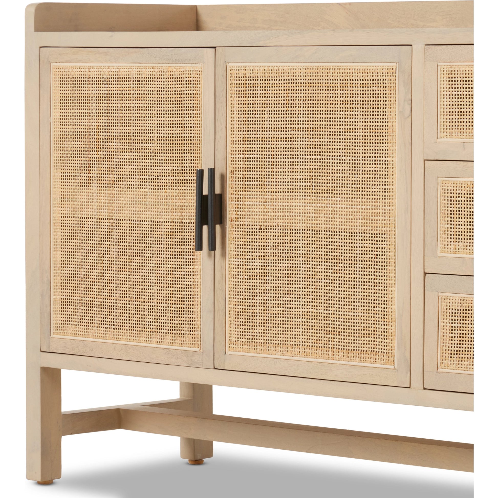Caprice 96" Sideboard by Four Hands in natural mango. Made from solid mango, iron, cane in a modern style.