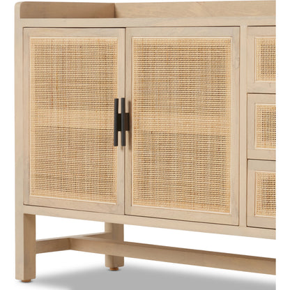 Caprice 96" Sideboard by Four Hands in natural mango. Made from solid mango, iron, cane in a modern style.